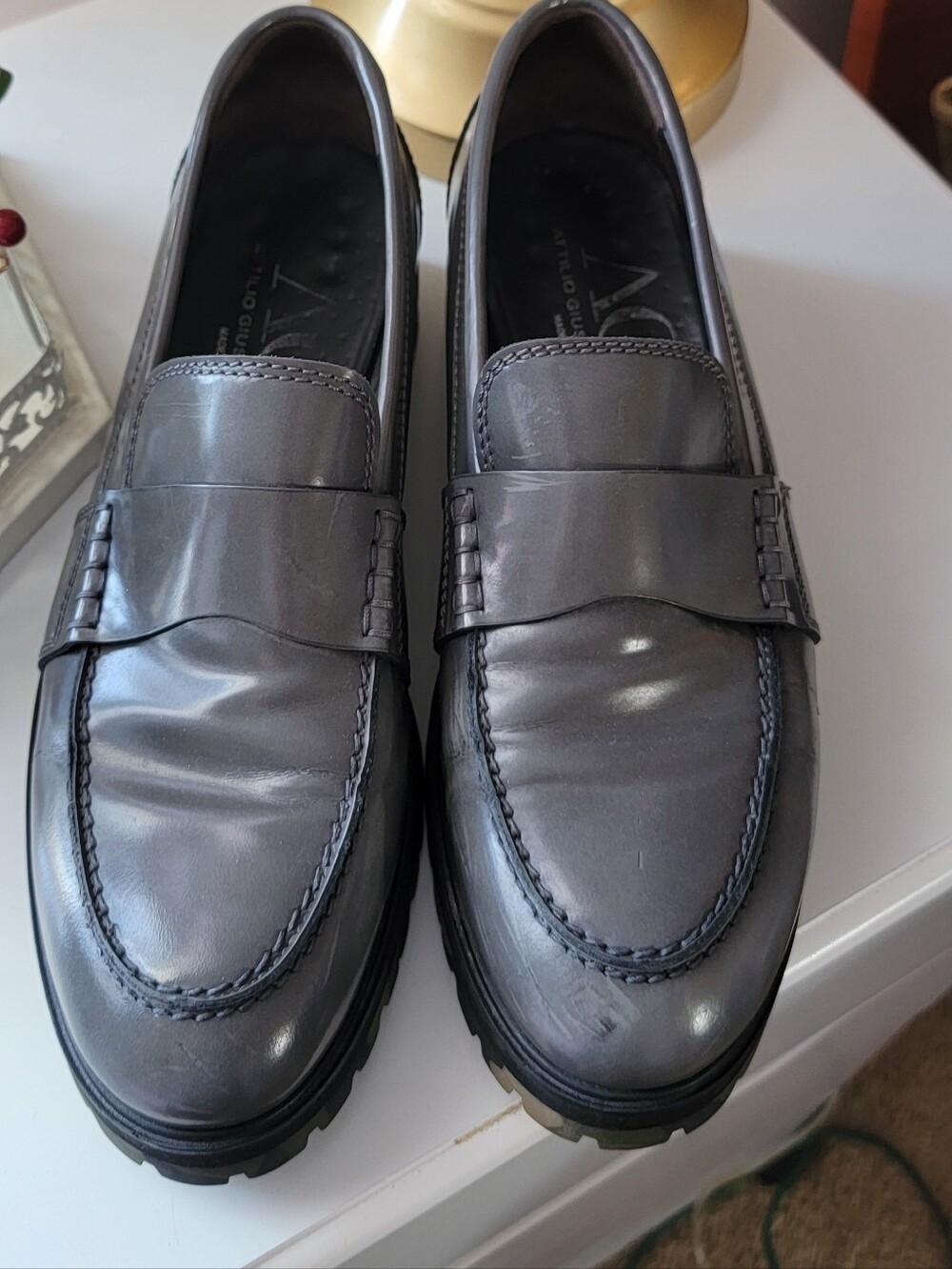 Attilio Giusti Leombruni Womans Dark Gray Leather Penny Loafers